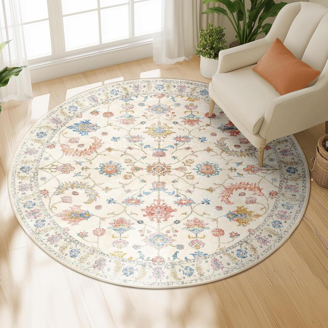 6ft Area Rug Print Washable for Living Room Low Pile Non Slip Soft Thin Carpet Boho Vintage Floral Rug Stain Resistant for Bedroom Dining Room Kitchen Playroom Creamwhite