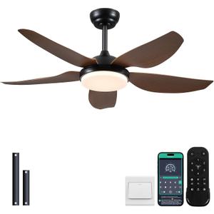 46 Inch Ceiling Fans with Lights and Remote/APP Control,Modern Downrods Flush Mount Ceiling Fan with 5 Reversible Blades 6 Speeds, 3 Colors Dimmable for Bedroom Kids Room, Brown