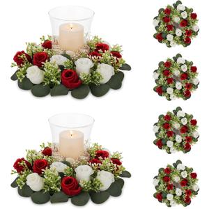 NUPTIO Artificial Flowers Candle Rings - 6 Pcs 14 inch Diam Large Crimson & White Fake Roses Wreath Wedding Centerpieces for Tables Spring Summer Wreath for Front Door Weddings Party Ceremony Decor