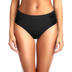 Tempt Me Women Bikini Bottoms Mid Waist Bathing Suit Swimsuit Ruched Swim Bottom (Large, Black 1)