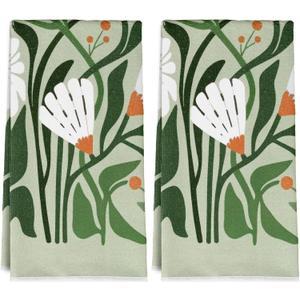 Boho Sage Green Kitchen Towels 16x24 Inch Set of 2 - Absorbent Retro 70s Floral Dish Towels, Mid Century Modern Cotton Hand Towels for Bathroom