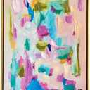 Framed Abstract Canvas Wall Art, Colorful Modern Painting in Gold Float Frame, Pink Blue and Green Artwork for Living Room, Bedroom or Office, 16x20