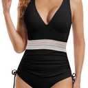 Women's One Piece Swimsuits Tummy Control Bathing Suits for Womens Color Block Drawstring V Neck Slimming Swimwear Swim Suits Sexy Cute Push Up Ruched Deep Modest Teen Girl Curvy Swimming Black L