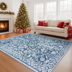 Vintage Area Rug 6x9, Blue and White Non-Slip Soft Area Rug Living Room Thin Printed Faux Wool Floor Super Soft Carpet Throw Rugs for Bedroom Dining Room Playroom Indoor Office