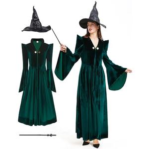 Takuvan Professor Witch Costume Adult Women Dark Green Velvet Dress Wizard Plus Size Costumes Outfit for Halloween Cosplay.M