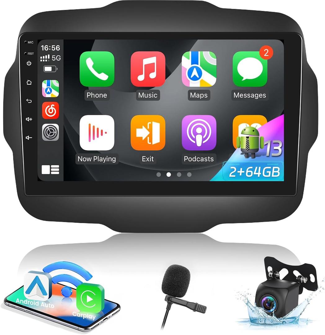 2+64G Android Car Radio for Jeep Renegade 2015 2016 2017 2018 2019 2020 - Wireless Carplay & Android Auto - 9 Inch Touch Screen Radio with EQ DSP, GPS, WiFi, SWC + AHD Rear View Camera