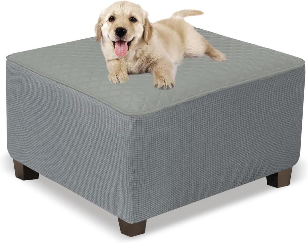 NeColorLife Ottoman Cover Square Waterproof Ottoman Slipcover Thick Storage Footrest Stool Covers Furniture Protector for Pets(Large Size,Light Gray)