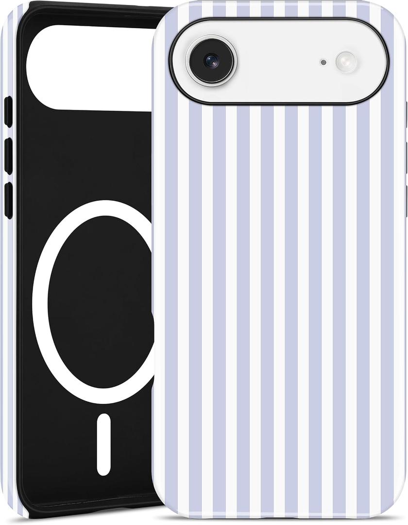 Jusy Compatible with MagSafe Striped Case for iPhone 17 Pro Max, Cute Aesthetic Striped Magnetic Phone Case, Soft TPU and Hard PC Protective Phone Cover for Women Girls(Matte)- Blue and White