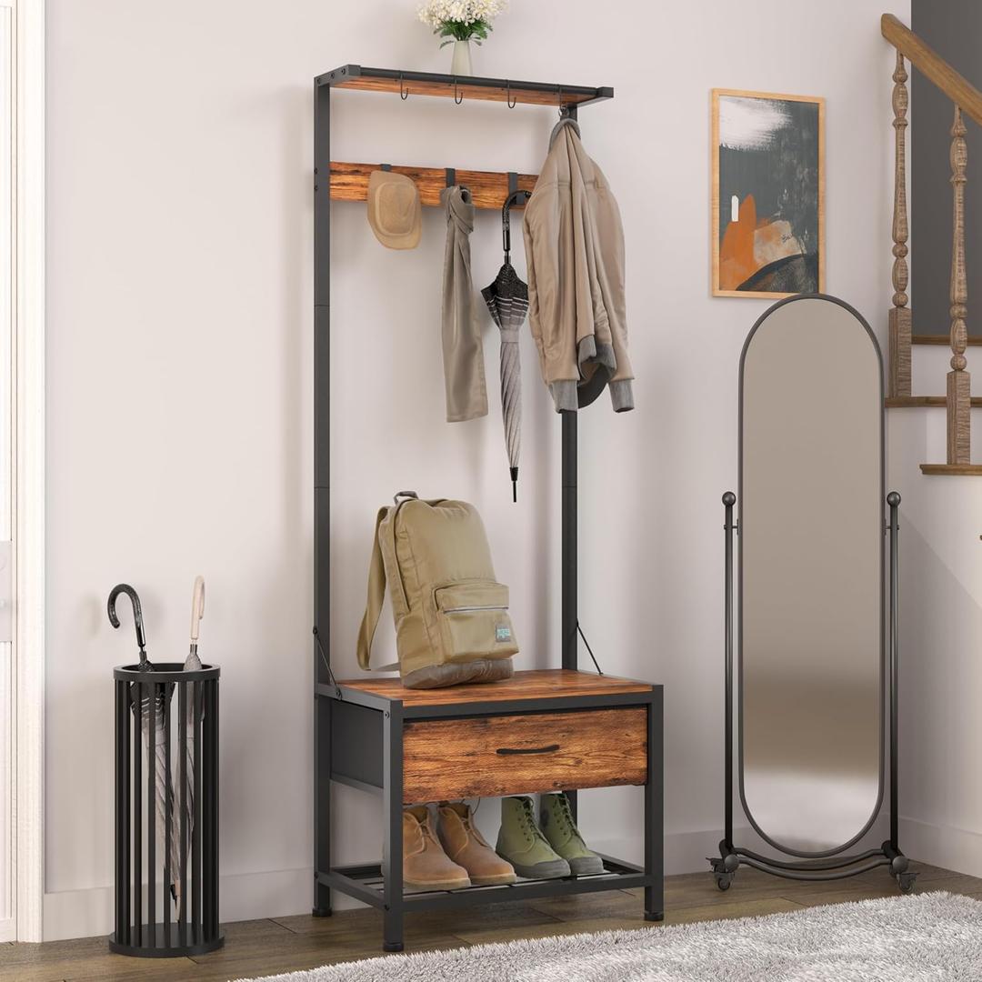 LUMTOK Hall Tree with Shoes Bench, Small Coat Rack with Fabirc Drawer and Shelf for Bedroom, 4in1 Entryway Organizer with Shoes Stool for Living Room, Entryway, Closets (Rustic Brown)