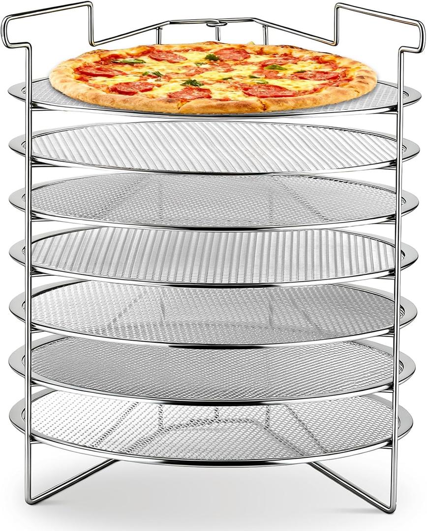Honeydak 7-Slot Folding Pizza Pan Rack with 7 14-Inch Pizza Baking Screens for Compact Convenient and Easy Storage, Home Restaurant
