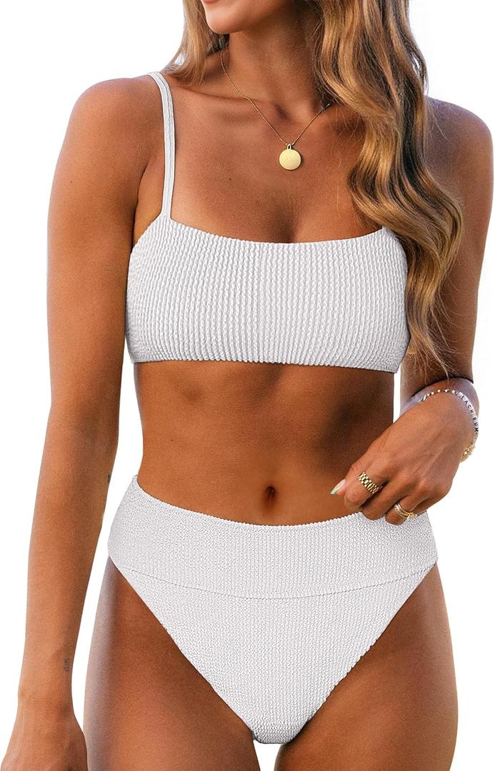 ANRABESS High Waisted Bikini Sets for Women Tummy Control 2 Piece Swimsuits Ribbed Textured Bathing Suits Beach Swimwear (Large, White)