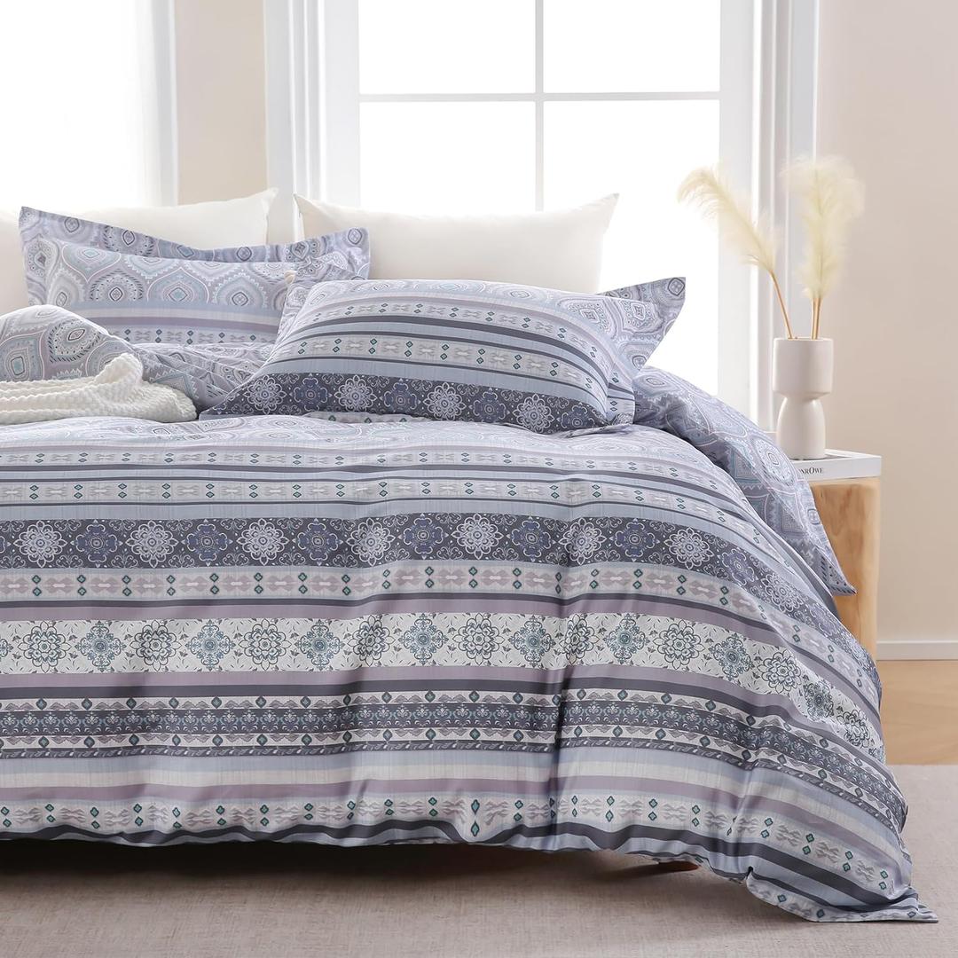 Boho Duvet Cover King Size 100% Cotton, Reversible Bohemian Duvet Cover Set with Zipper Closure, Soft 3 Pieces Duvet Bedding Cover Set with 2 Pillow Shams (20"x36"), King Size (104"90")