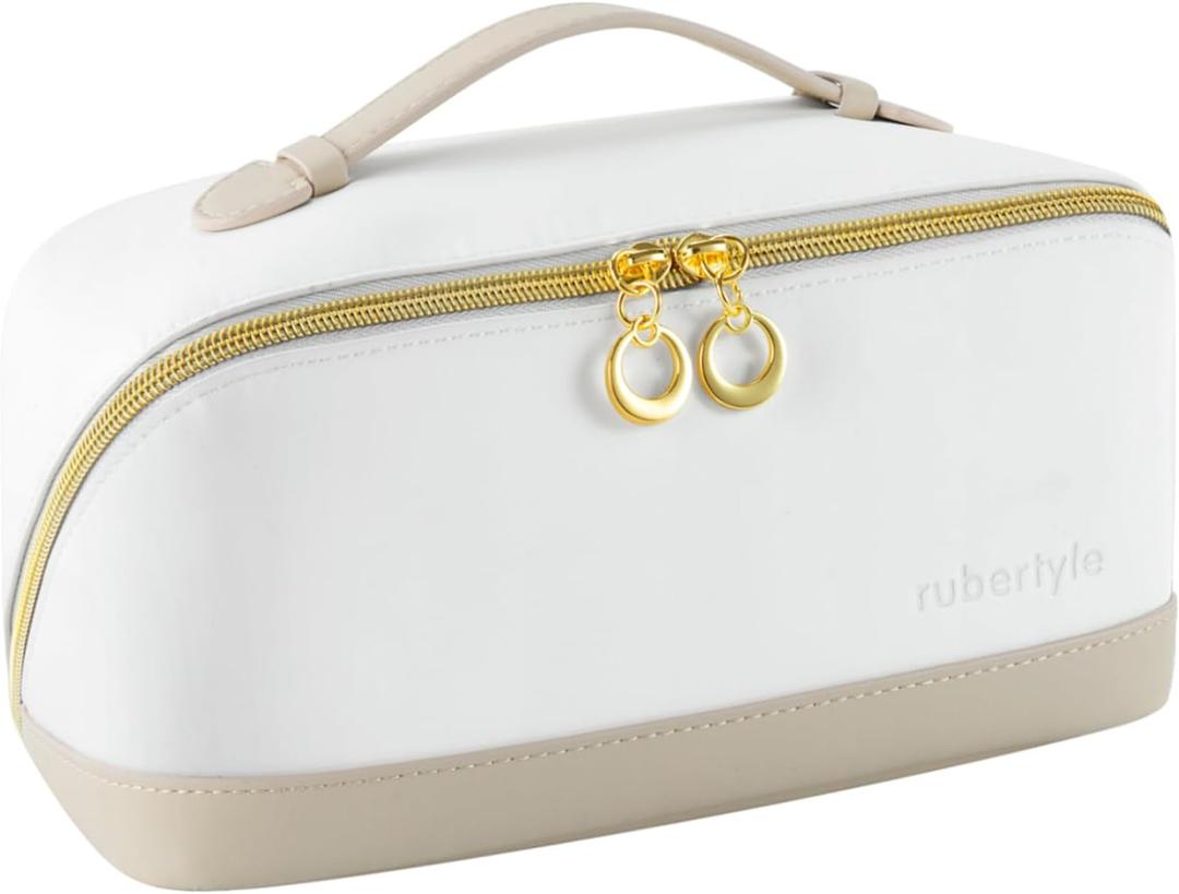 rubertyle Travel Makeup Bag, Large Capacity Cosmetic Bags for Women, Waterproof Portable Pouch Open Flat Toiletry Bag Make up Organizer with Divider and Handle (khaki)