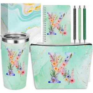Personalized Gifts Monogrammed Birthday Gifts for Women, Soul Sister Bachelorette Party Wedding Christmas Initial 20 oz Tumbler, Makeup Bag Cup Pens Journal Notebook 6 Set, (Aesthetic Green Flower K)