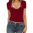 Women's Short Sleeve Sexy Lace Trim V-Neck Daily Basic Burgundy Tees Trendy Y2K Clothing Spring Summer Going Out Casual Vacation Slim Fit Cute Crop Tops (8638, XS, Burgundy)