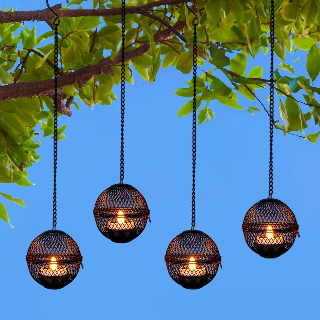 Solar Hanging Lanterns Lights Outdoor, 4 Pack Hanging Candle Holder with Solar Tea Lights Candles Outdoor Waterproof, Chandelier Ideas for Tree Pergola Patio Decor