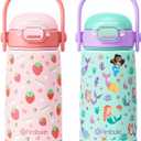 Fimibuke Kids Insulated Water Bottle with Straw Lid & Handle - 14oz BPA FREE 18/8 Stainless Steel Metal Tumbler Leak Proof Double Wall Vacuum Kids Cup Toddler Water Bottle for School Boys Girls (B1.Strawberry & Mermaid)