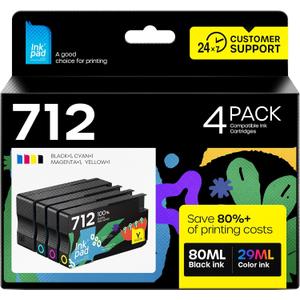 iNKPAD 712XL Ink Cartridges Compatible Replacement for HP 712XL 712 Ink Cartridges Combo Pack for HP DesignJet T210 T630 T650 T250 T230 Printer (4 Pack, 80-ml Black + 29-ml Cyan/Magenta/Yellow)
