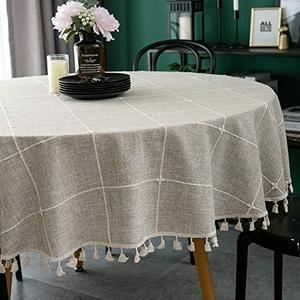 ColorBird Solid Embroidery Lattice Tablecloth Cotton Linen Dust-Proof Table Cover for Kitchen Dinning 70 Inch Round Table Cloth Linen 70"