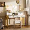 COMHOMA Makeup Vanity Desk with Mirror and Lights, Vanity Table and Chair Set with 4 Drawers and Charging Station, Bedroom Dresser Mirror& Adjustable 3 Color Modes, Storage Shelf, 32In White and Gold