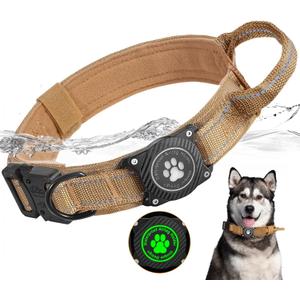 Tactical AirTag Dog Collar, 100% Waterproof Adjustable Military Training Nylon Dog Collar with Apple Air Tag Holder, Heavy Duty Large Dog Collar with AirTag Case,Khaki, L (L (16.5"-20.5"))