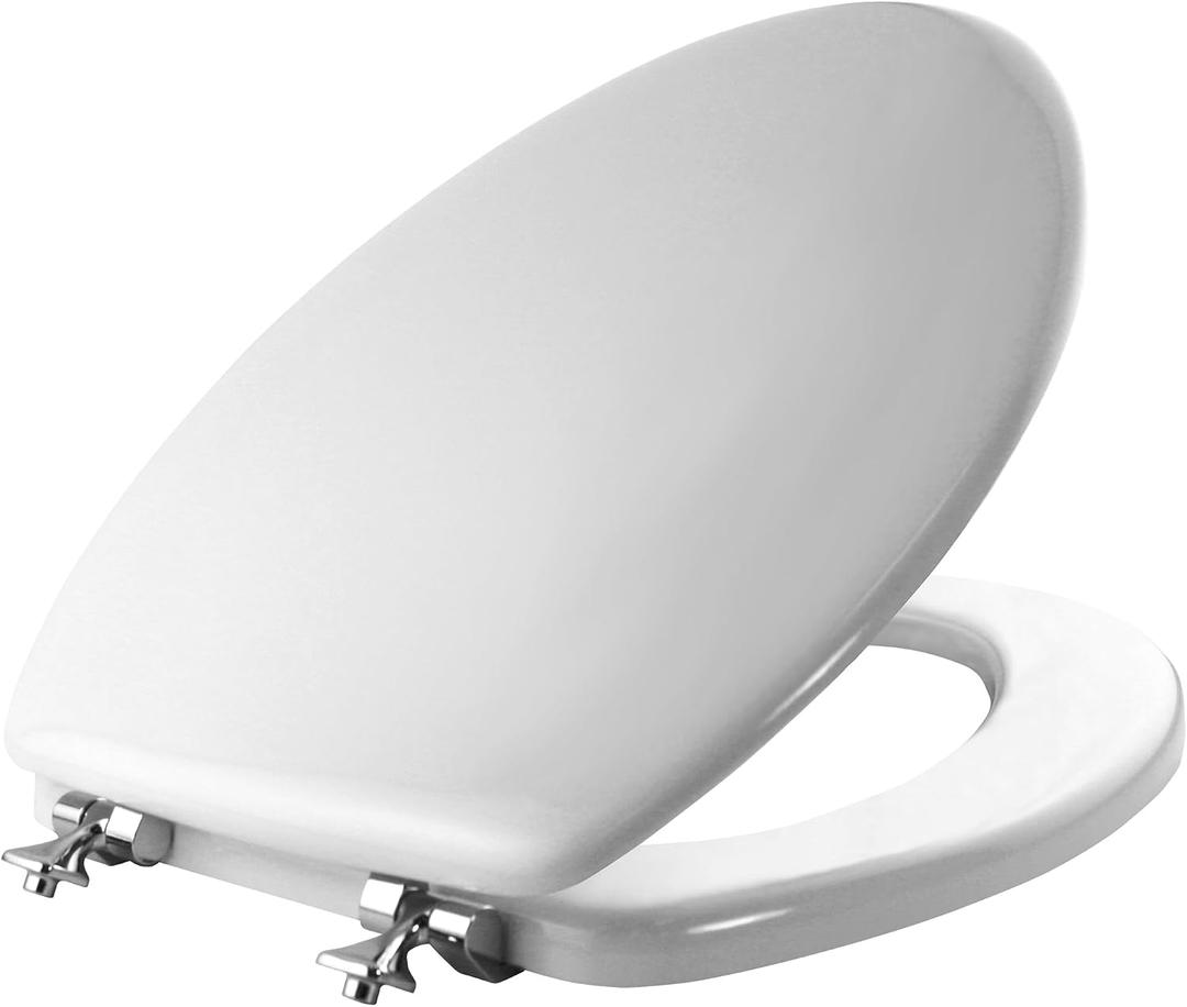 MAYFAIR 1844CP 000 Toilet Seat with Chrome Hinges will Never Come Loose, ELONGATE , White