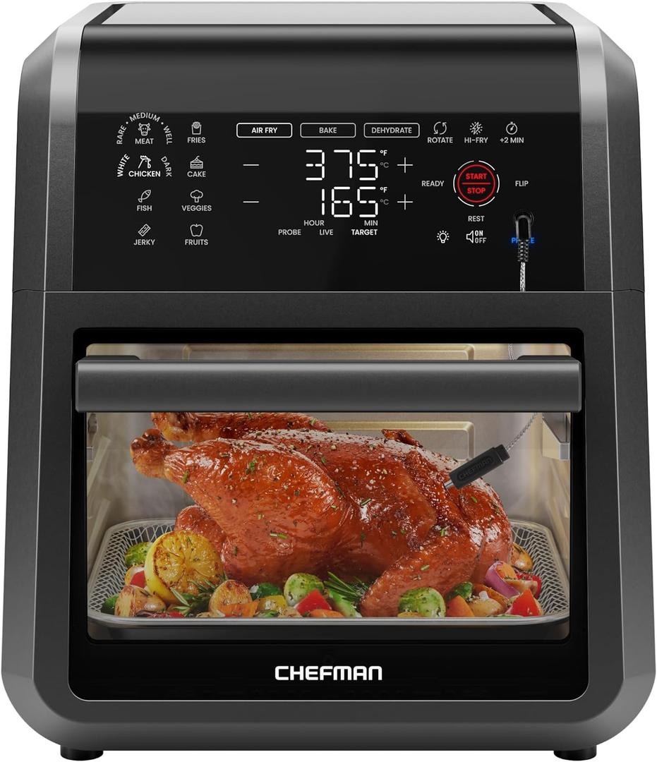 CHEFMAN ExacTemp 12 Quart 5-in-1 Air Fryer with Integrated Smart Cooking Thermometer, 28 Touchscreen Presets, Rotisserie, Dehydrator, Bake, XL Convection Oven with Auto Shutoff, Black