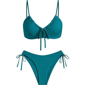 ZAFUL Women's 2 Piece Tie Front Bikini Set Swimsuit Lace Up Back Cheeky Bathing Suit (Large)