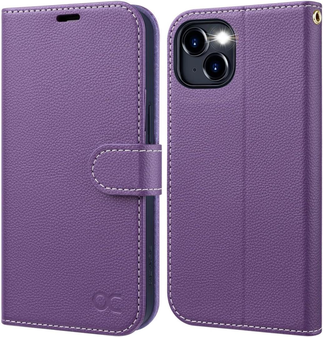 OCASE Compatible with iPhone 15 Wallet Case, PU Leather Flip Folio Case with Card Holders RFID Blocking Kickstand [Shockproof TPU Inner Shell] Phone Cover 6.1 Inch 2023, Litchi Purple