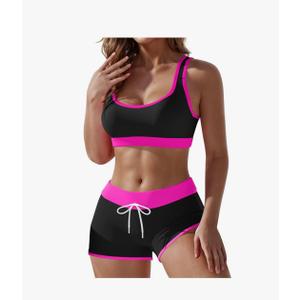Women's Tankini Swimsuit Color block Sporty Bathing Suits High Waisted Boy shorts Two Piece Tummy Control Swimwear (Medium)