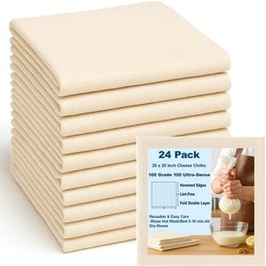 24 Pcs Cheesecloth for Straining 20x20 Inch  Reusable Grade 100 Muslin Cloth, Ultra-Fine 56x42 Weave, 100% Unbleached Cotton with Hemmed Edges, Cheese Cloth Strainer for Yogurt, Nut Milk & Baking