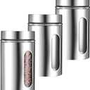 3 Pack Large Kitchen Canisters Set Airtight Coffee Sugar Tea Candy Storage Jars with Window Glass Stainless Steel Containers with Lids for Flour Cookies Spices Grains Kitchen Decorations(32oz)