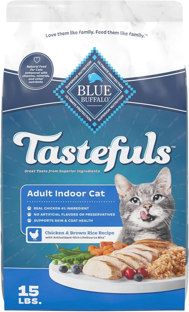 Blue Buffalo Tastefuls Natural Dry Food for Adult Indoor Cats, Chicken & Brown Rice Recipe, 15-lb. Bag