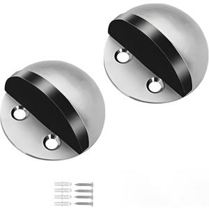 2 Pack Door Stoppers, Adhesive Floor Door Stops No Drill Stainless Steel Door Stoppers for Bottom of Door Doorstop Wall Protector with Rubber Bumper, Brushed Nickel