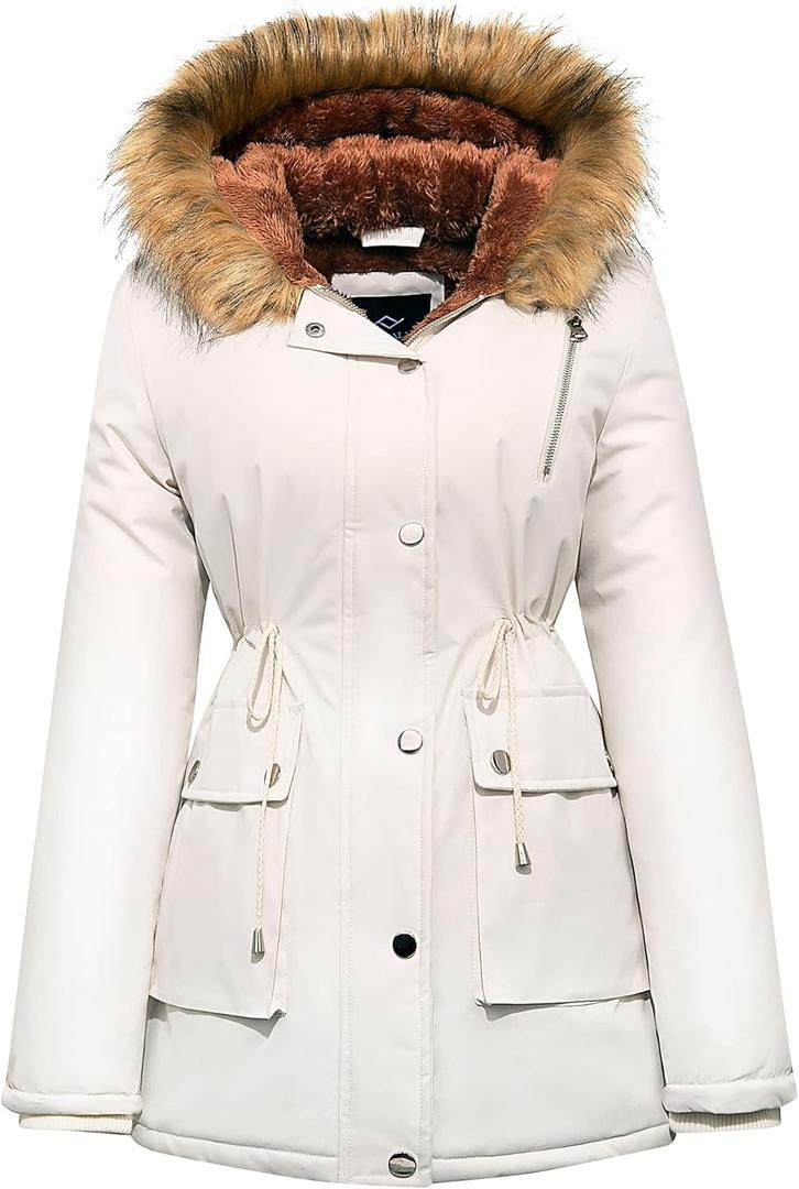 FARVALUE Womens Water-repellent Winter Coat Thicken Puffer Jacket Warm FLeece Lined Parka with Fur Hood (Large, White)