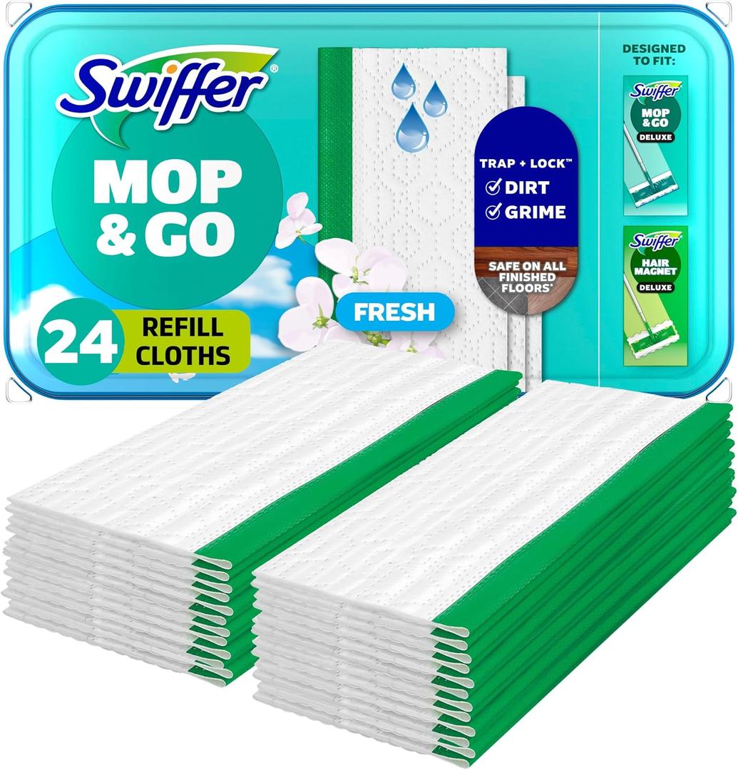Swiffer Sweep + Mop, Wet Pads Refill, Floor Cleaner for Dirt, Dust, Hair, Cleaning Cloths for Mopping Home, Bathroom, Kitchen, All Purpose Multi-Surface Floor Wipes, Fresh, 24ct