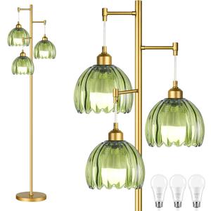 Gold Floor Lamps for Living Room Bedroom-3 Light Green Glass Floor Lamp with Three Led Bulb, Rustic Tall Floor Lamp Gold Standing Lamp Tree Floor Lamps for Living Room Bedroom,Office,Corner (4.5inch)