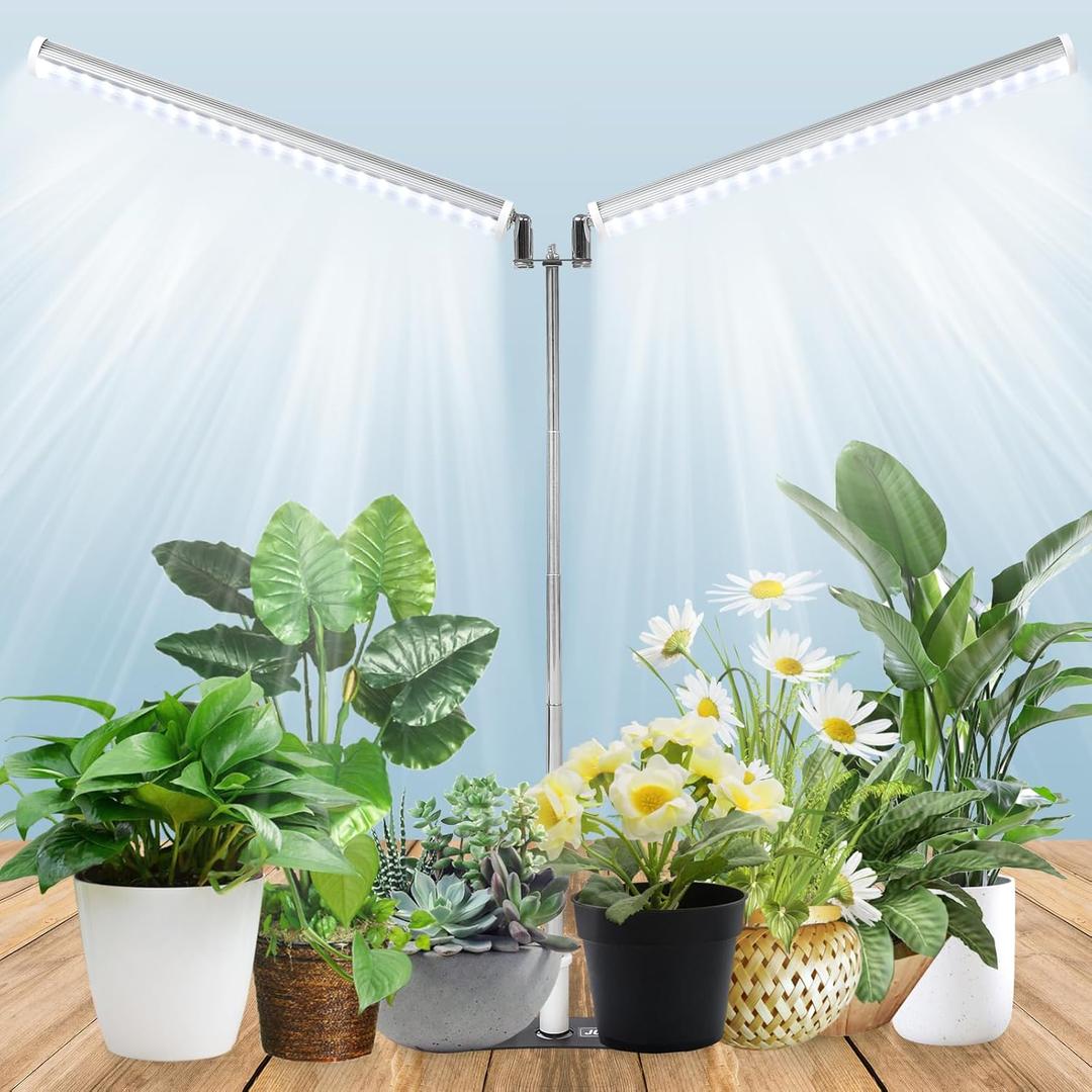 JCBritw Standing LED Grow LightAdjustable Dual Head T12 Bar Plant Light, White 6500K Full Spectrum Plant Grow Lamp on Stand for Indoor Plants Seed Starting, Seedlings, Veg, Flower