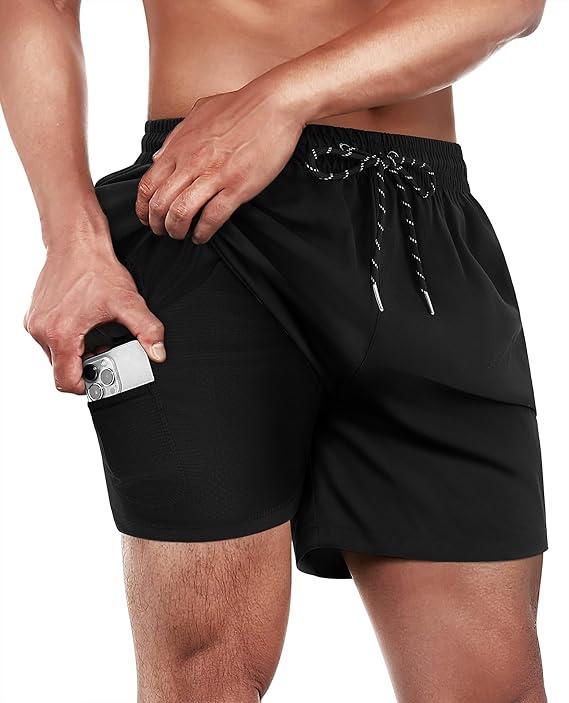 Mens Swim Trunks with Compression Lined Short Bathing Suits for Men 5 Inch Inseam Liner Men's Swimming Trunk, M