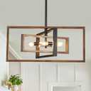 Farmhouse Chandelier for Dining Room 5-Light Black and Wood Grain Finish Pendant Lighting Fixture Height Adjustable for Bedroom Living Room Dining Room Kitchen Island Hallway 22"