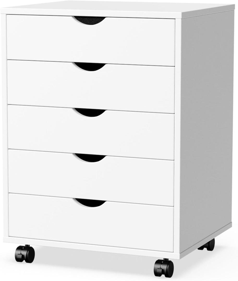 Elevon 5 Drawer Chest, Storage Cabinets Wooden Mobile Cabinet with Wheels Room Organizer, Small Drawers Wood Organization Furniture for Office, Home, White