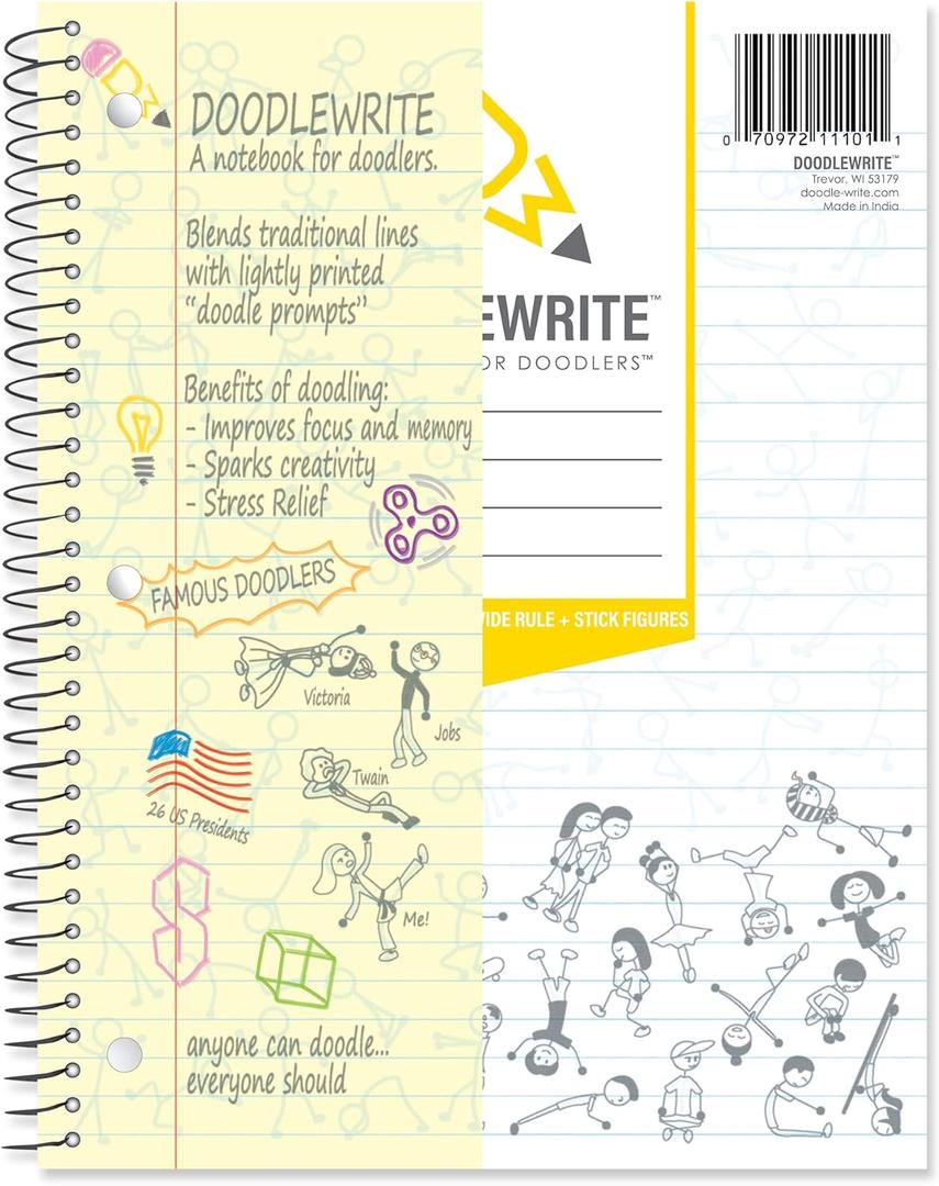 3 x Wide Ruled Wirebound Spiral Notebook, Includes Doodle Prompts to Keep Focus, Spark Creativity/Imagination, Relieve Stress, 10.5" x 8", 50 Sheets/100 Pages