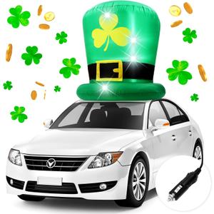 Leyndo 6FT St Patricks Day Inflatables Hat Car Roof Decorations, Blow up Leprechaun Hat with Gold Shamrock, Saint Patricks Day Inflatable with Built-in LED Lights for Yard Garden Lawn Decor
