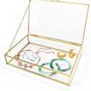 Gold Glass Jewelry Box, Vintage Glass Box with Lid with Chain Rectangle Keepsake Box Trinket Box Card Box Jewelry Display Organizer for Weddings, Events, Birthday Party(8.66x5.31x1.77in)