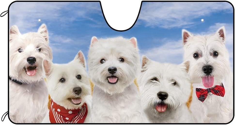 Dog Car Front Windshield Sunshade Westie Decor Vehicle Sun Shade Visor UV Ray Reflector Sun Protector, Keep Vehicle Cool, 55" x 30"