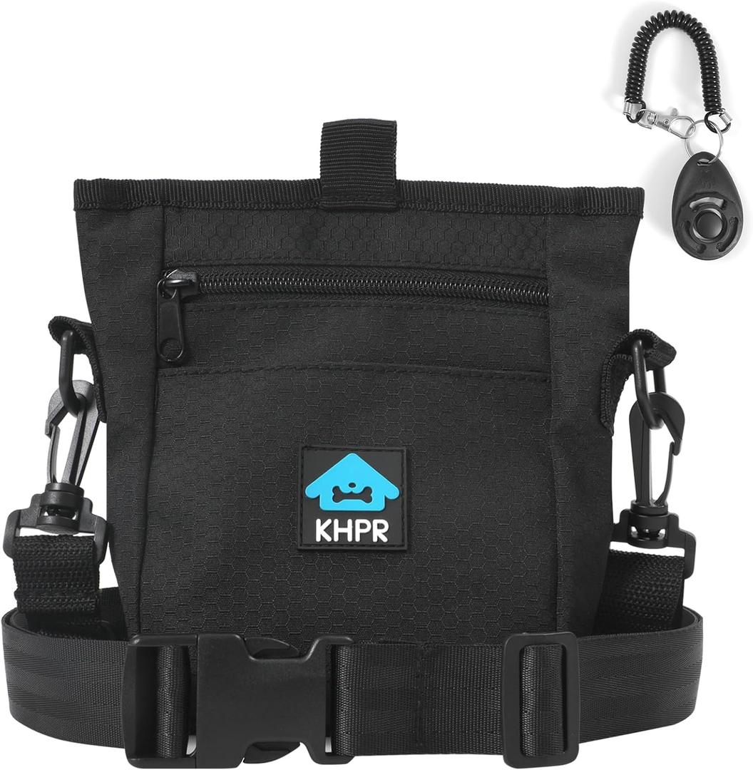 Dog Treat Pouch Magnetic Closure with Training ClickerHands-Free Design to Prevent SpillsBuilt in Poop Bag Dispenser3 Ways To WearMetal Clip Waist Belt and Fanny Pack for Pet Walking, Black