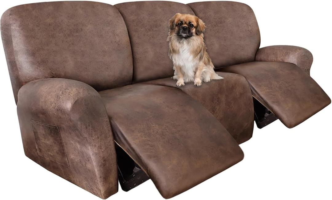 ANARACHON Recliner Couch Cover Leather Look Recliner Sofa Covers for 3 Cushion Reclining Sofa Slipcovers 8-Pieces Furniture Protector Spandex Fabric Washable (3 Seater, 02 Light Brown)