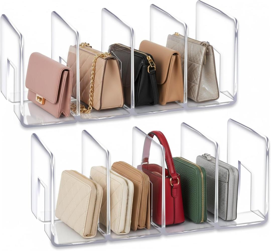 YAGELI Clear Acrylic Purse Organizer for Closet, 3-4 Section Desk File Sorter, 2.95" Wide Slots for Clutches, Handbags, Binders & Folders, Sturdy Stackable Bookshelf Organizer