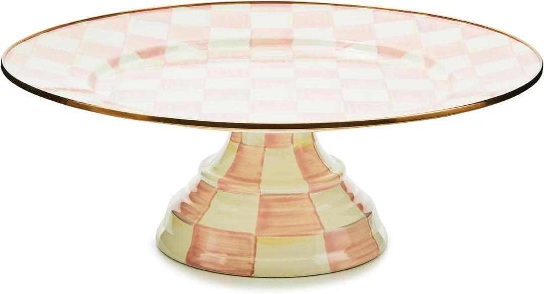 MACKENZIE-CHILDS Enamel Pedestal Platter, Round Cake Stand, Large, Pink-and-White Rosy Check