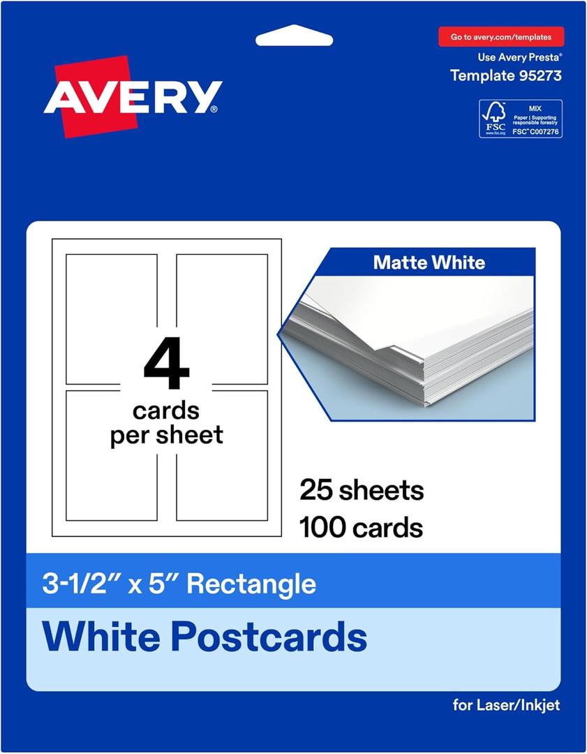 Avery Printable Rectangle Cards, 3.5" x 5", Matte White Cardstock, Print-to-the-Edge, Laser/Inkjet Cards, 100 Total